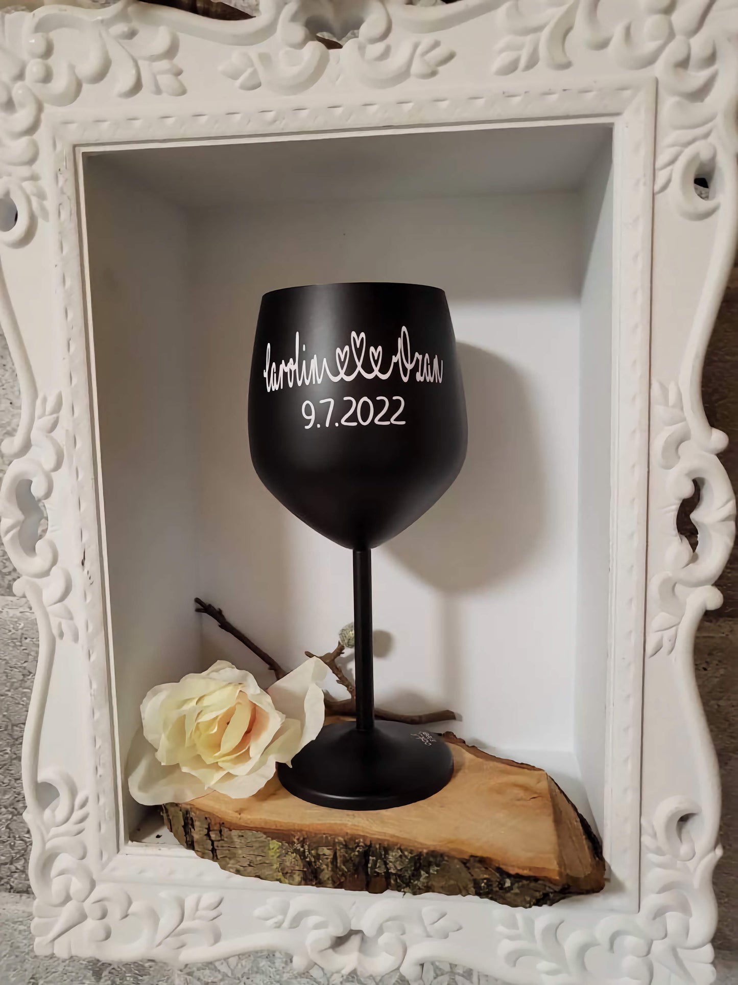 Edelstahl Weinglas personalisiert mit Namen oder Wunschtext/-motiv in schwarz matt;475ml oder 350ml glanz