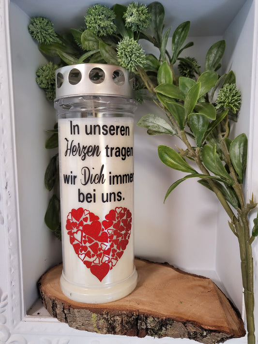 Personalisierte Grabkerze mit Herzmotiv mit Wunschtext Dauerbrenner 7 Tage Brenner