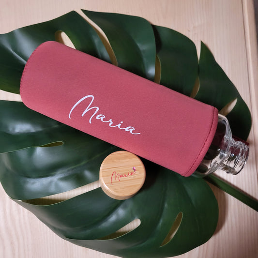 UV-Druck!!! Trinkflasche aus Glas mit Bambusdeckel und Neoprenhülle 750ml personalisiert mit Namen, Wunschtext, Wunschmotiv
