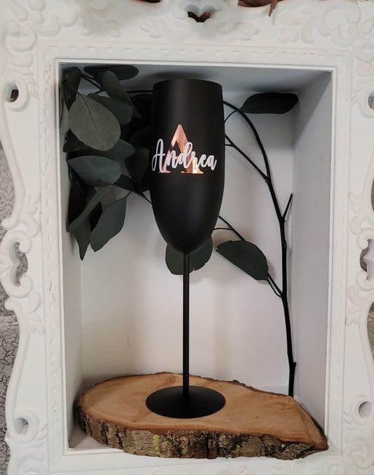 Bruchsicheres Edelstahl-Sektglas personalisiert mit Namen oder Wunschtext in rosegolg, schwarz matt oder gold matt