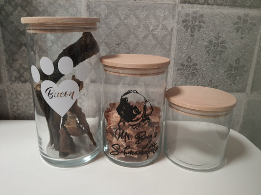 Vorratsglas Leckerliglas, Leckerlibehälter, Glas mit Holzdeckel für Hund oder Katze, verschiedene Größen