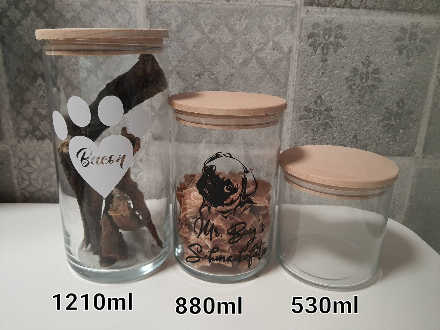 Vorratsglas Leckerliglas, Leckerlibehälter, Glas mit Holzdeckel für Hund oder Katze, verschiedene Größen