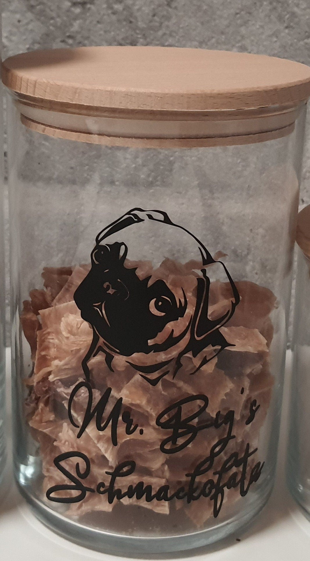 Vorratsglas Leckerliglas, Leckerlibehälter, Glas mit Holzdeckel für Hund oder Katze, verschiedene Größen