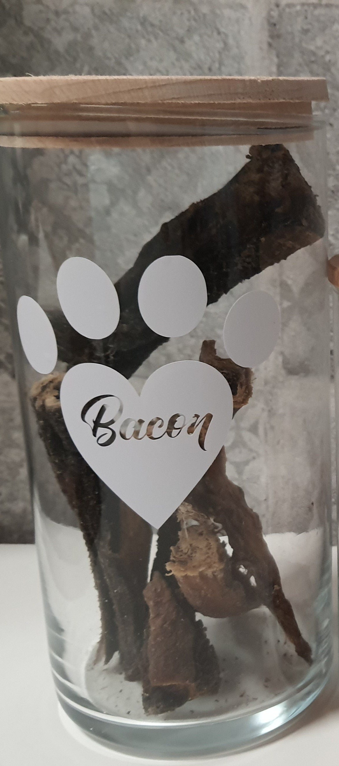 Vorratsglas Leckerliglas, Leckerlibehälter, Glas mit Holzdeckel für Hund oder Katze, verschiedene Größen