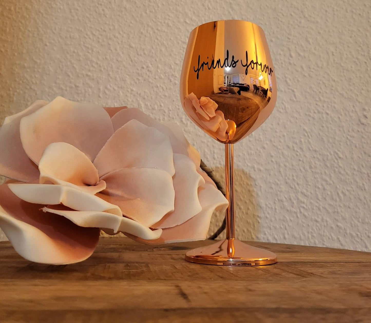Personalisiertes, bruchsicheres Weinglas aus Edelstahl in rosegold kupfer mit Wunschtext oder Wunschmotiv