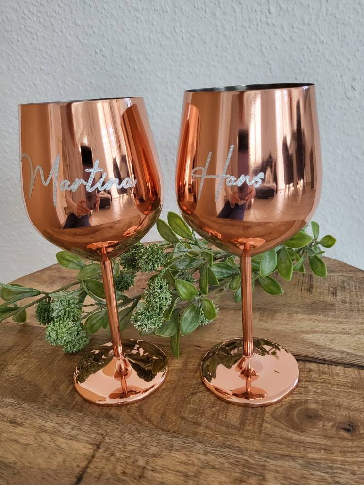 Personalisiertes, bruchsicheres Weinglas aus Edelstahl in rosegold kupfer mit Wunschtext oder Wunschmotiv