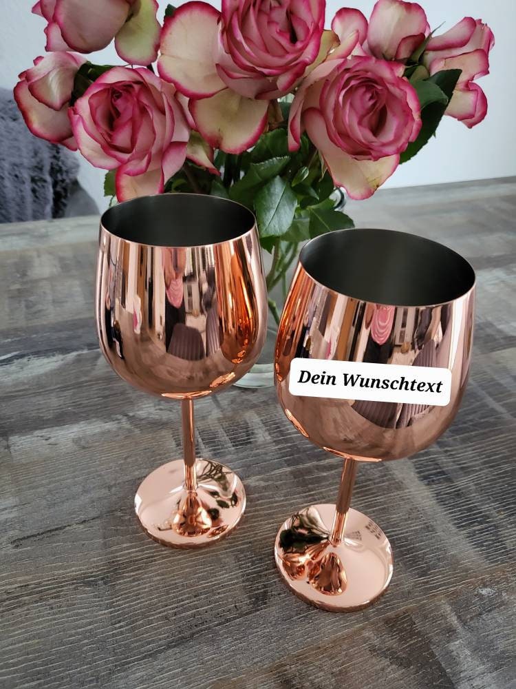 Personalisiertes, bruchsicheres Weinglas aus Edelstahl in rosegold kupfer mit Wunschtext oder Wunschmotiv