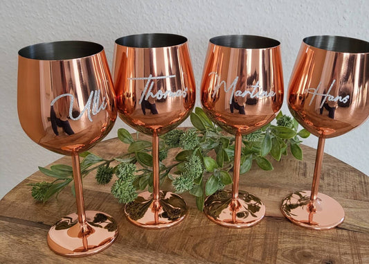 Personalisiertes, bruchsicheres Weinglas aus Edelstahl in rosegold kupfer mit Wunschtext oder Wunschmotiv