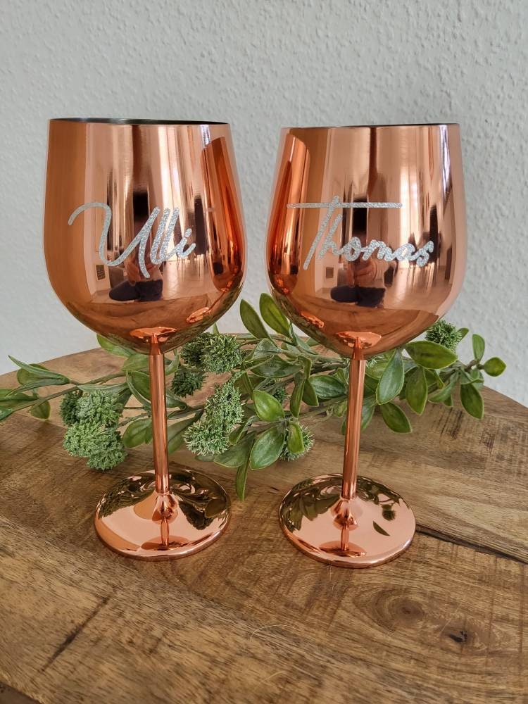 Personalisiertes, bruchsicheres Weinglas aus Edelstahl in rosegold kupfer mit Wunschtext oder Wunschmotiv
