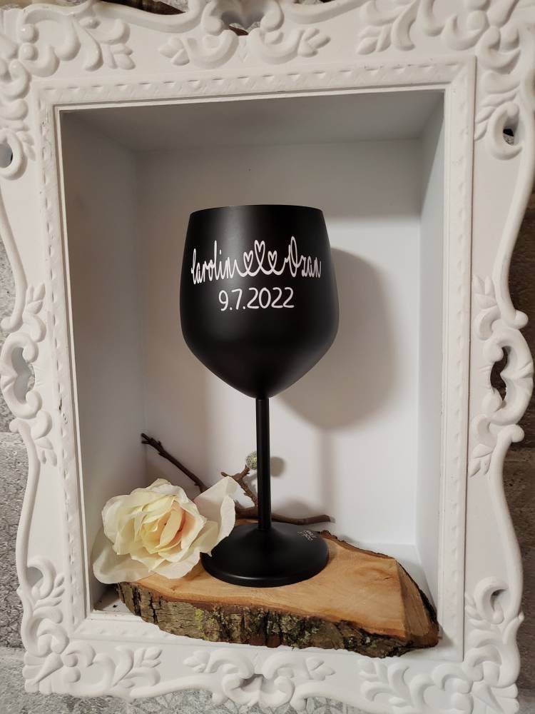 Edelstahl Weinglas personalisiert mit Namen oder Wunschtext/-motiv in schwarz matt;475ml oder 350ml glanz