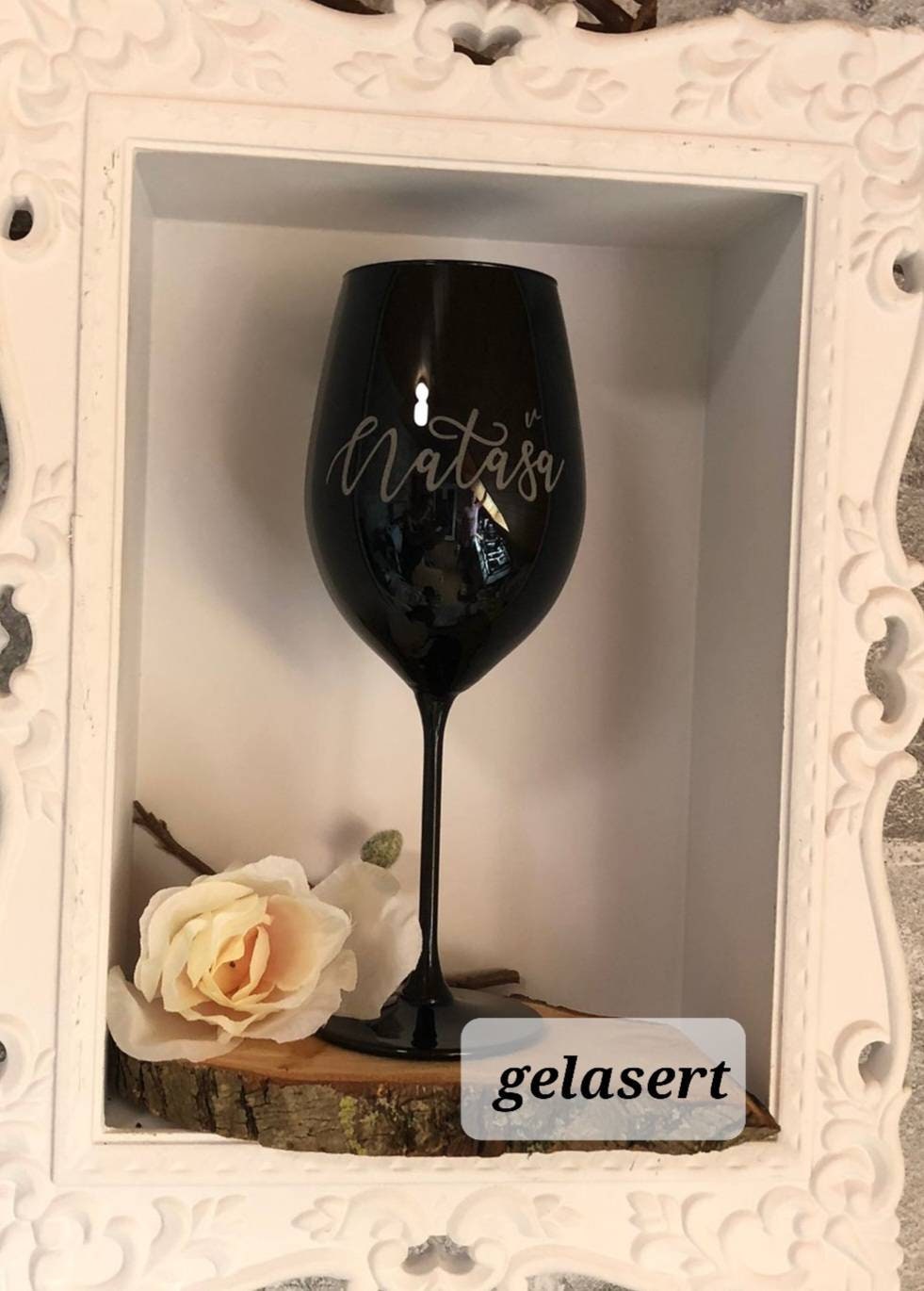 Weinglas, Weinkelch in schwarz Kristall, personalisiert, beplottet oder gelasert mit Wunschtext