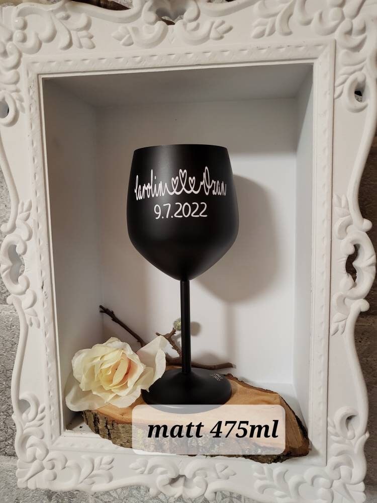 Edelstahl Weinglas personalisiert mit Namen oder Wunschtext/-motiv in schwarz matt;475ml oder 350ml glanz