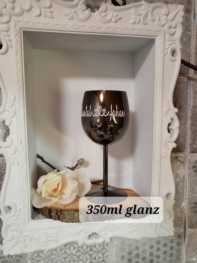 Edelstahl Weinglas personalisiert mit Namen oder Wunschtext/-motiv in schwarz matt;475ml oder 350ml glanz