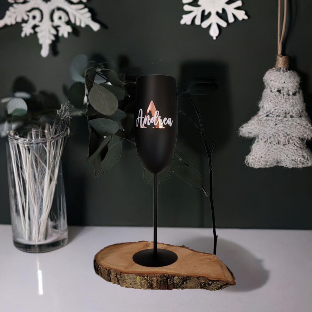 Bruchsicheres Edelstahl-Sektglas personalisiert mit Namen oder Wunschtext in rosegolg, schwarz matt oder gold matt