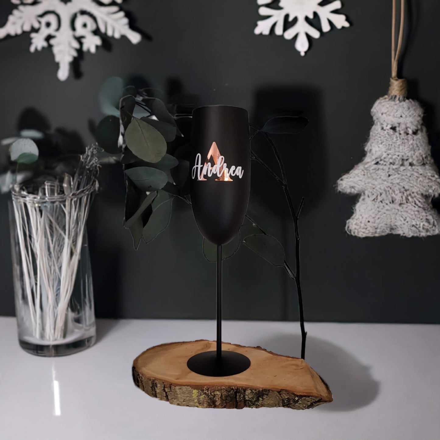 Bruchsicheres Edelstahl-Sektglas personalisiert mit Namen oder Wunschtext in rosegolg, schwarz matt oder gold matt