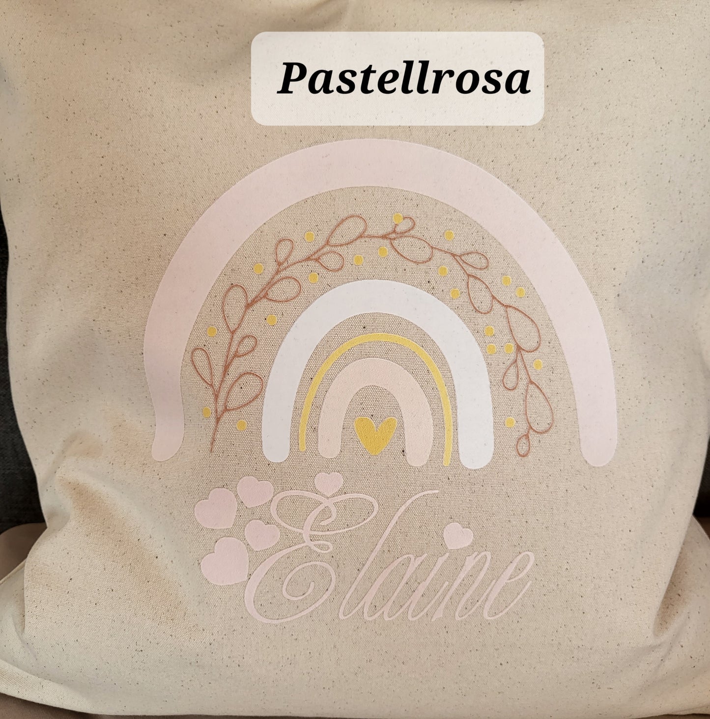 Kissen personalisiert für Kinder, Geburt; Kissenbezug 40x40 cm aus Bio- Baumwolle in beige oder grau mit Regenbogen und Namen