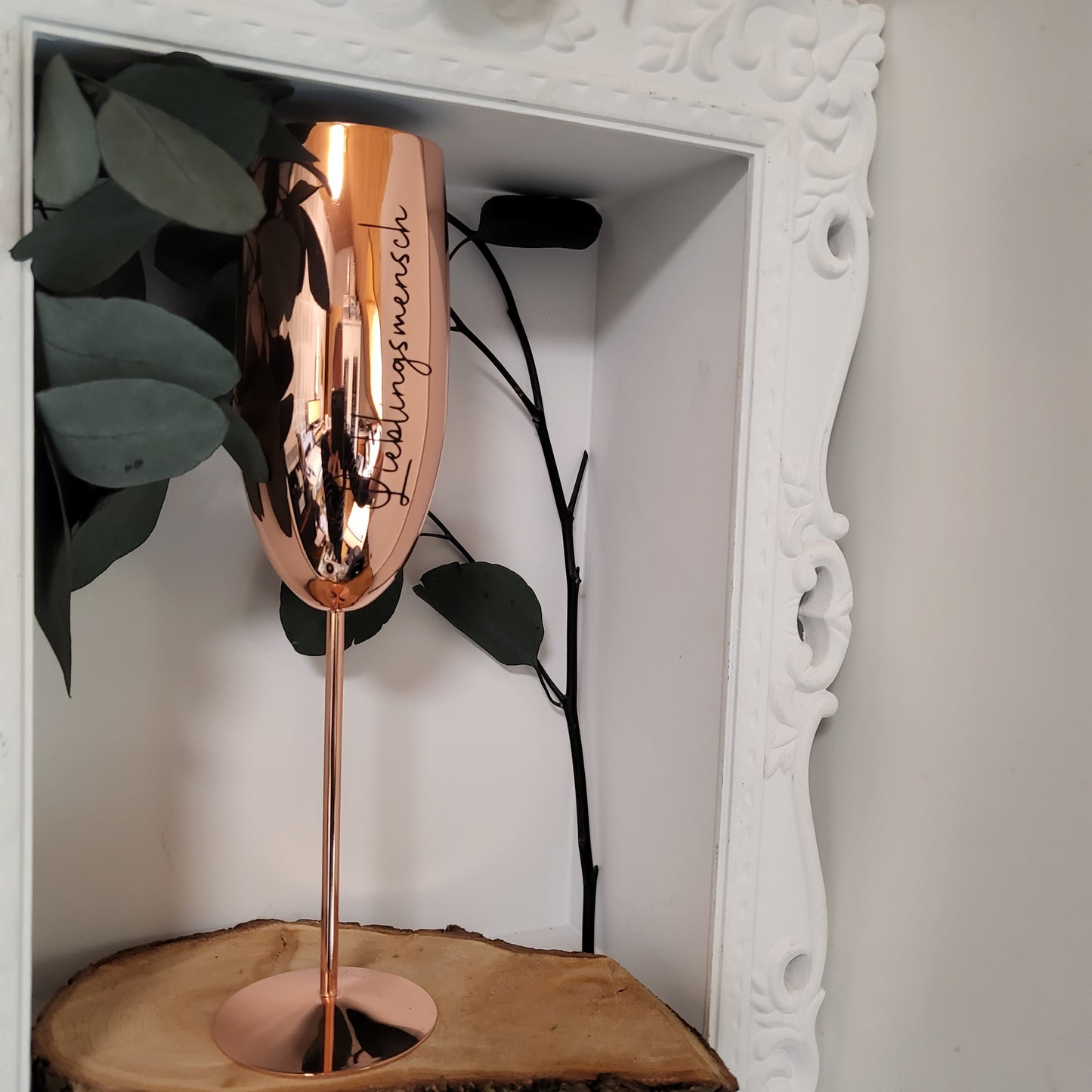Bruchsicheres Edelstahl-Sektglas personalisiert mit Namen oder Wunschtext in rosegolg, schwarz matt oder gold matt