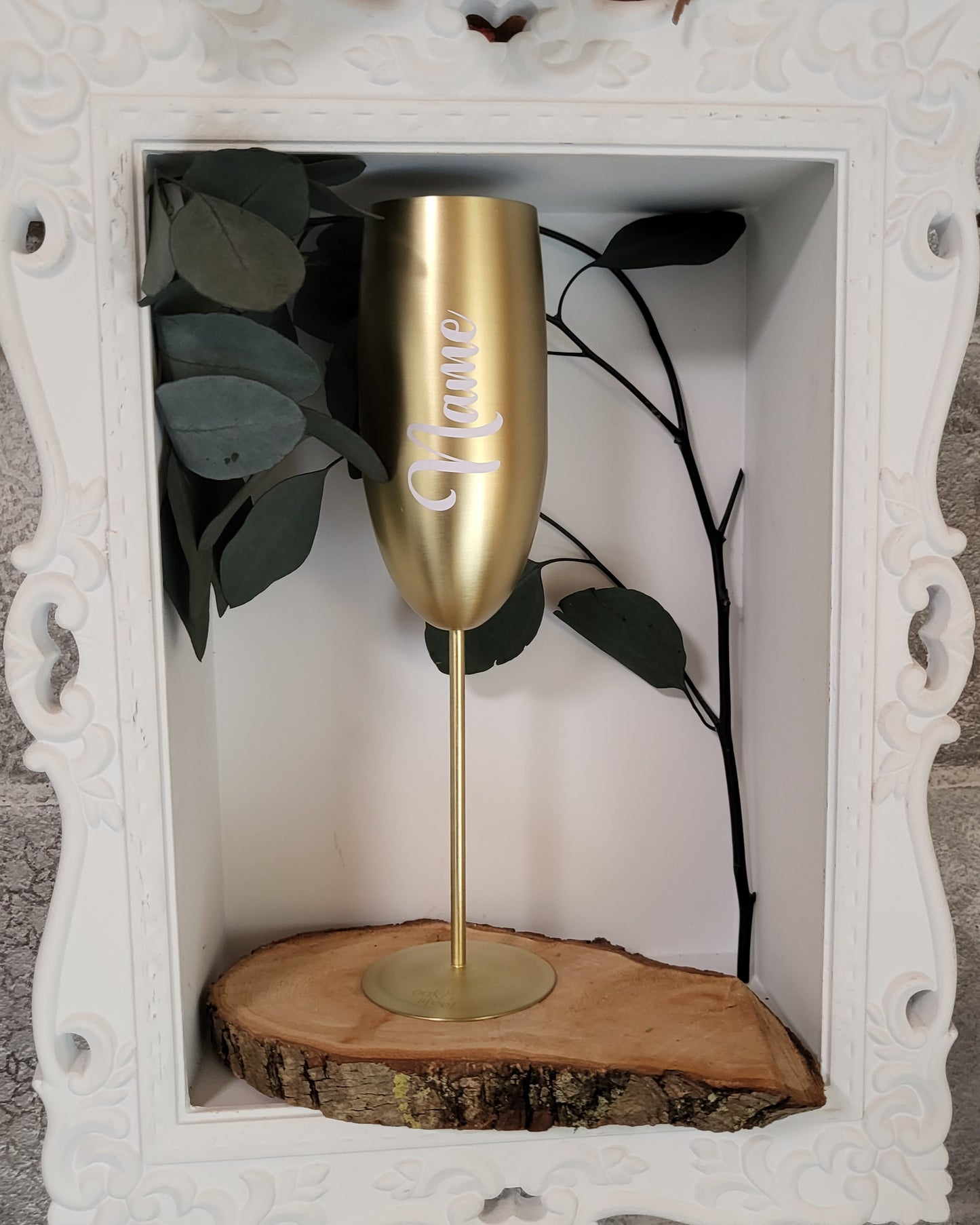 Bruchsicheres Edelstahl-Sektglas personalisiert mit Namen oder Wunschtext in rosegolg, schwarz matt oder gold matt