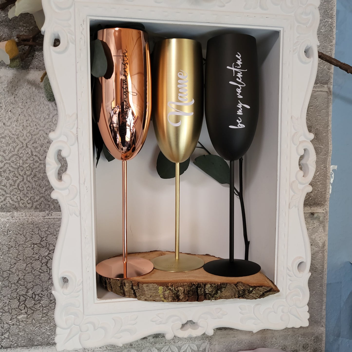 Bruchsicheres Edelstahl-Sektglas personalisiert mit Namen oder Wunschtext in rosegolg, schwarz matt oder gold matt